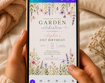 Invitación de cumpleaños con temática de jardín de flores silvestres, plantilla floral editable para Canva.