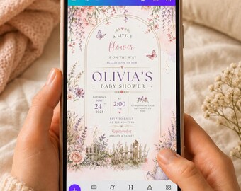 Decoración para baby shower con flores silvestres - Letrero de bienvenida "Bebé en flor" - Plantilla de Canva