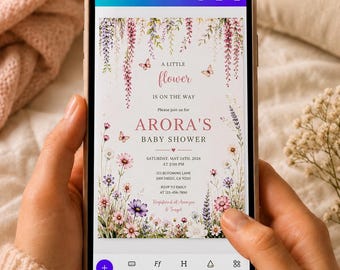 Invitación digital para baby shower con diseño floral de flores silvestres, plantilla editable de Canva para invitación "Bebé en flor" (descarga instantánea)