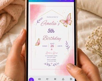 Butterfly Birthday Invitation, Girl Butterfly Party, Purple Butterfly Birthday Invite, First Birthday Invitation, Editable Canva Template