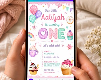 Invitación de cumpleaños para niña, primer cumpleaños, dulces pastel, postre, donut, caramelo, helado, cupcake, 5x7