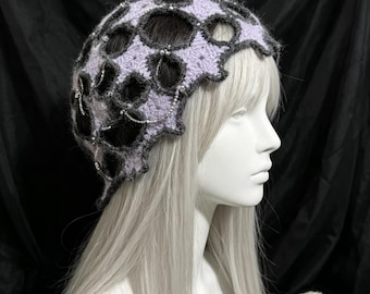 Lavender Grey Hollow Mesh Beanie, Dangling Pearl Chain, Grunge Y2K Summer Hat