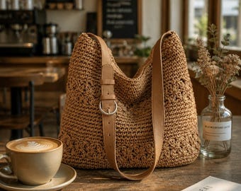 Handmade Crochet Floral Open‑Weave Tote Bag, Boho Woven Shoulder Bag, Neutral Tan Beach Vacation Purse, Adjustable Leather Strap