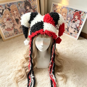 Red Black White Striped Shaggy Jester Horn Ear Flap Hat