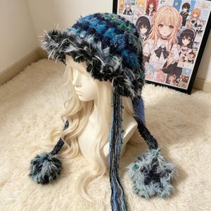 Halloween Dark Ocean Star Fluffy Pointed Hood Hat, Blue Black Mixed Mohair Gothic Elf Cap, Soft Spooky Grunge Fall Anime Cosplay Headwear