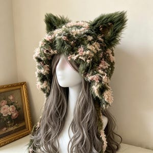 Moss Green Blush Pink Marbled Fox Ear Shaggy Ear Flap Hat