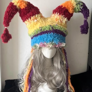 Rainbow Jester Rave Girls Outfit, Multicolor Frayed Yarn Jester Plush Hat, Pom Pom Tassel EDC Carnival Stage Outfit