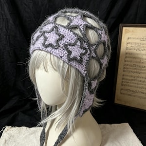 Hand Crochet Lavender Grey Star Open Mesh Beanie, Contrast Star Outline, Adjustable Ear Flap Tie, Grunge Fairycore Y2K Lightweight Headwear