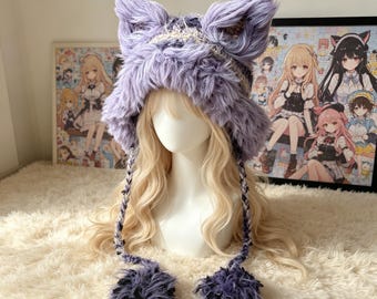 Lavender Loving Best Friends Handmade Fluffy Cat Ear Hat, Unique Winter Birthday Gift
