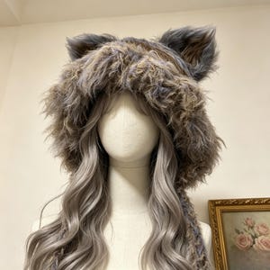 Handmade Fuzzy Wolf‑Ears Hat, Muted Grey‑Brown Mixed Yarn Hat, Animal Ear Cosplay Accessory, Grunge Fairycore Beanie