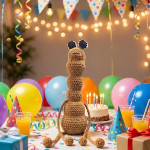 May include: A brown crocheted creature with large black eyes and a stacked body, surrounded by birthday decorations. Colorful balloons, party hats, a cake with candles, and gifts create a festive atmosphere. Ribbons and lights add to the celebratory scene.