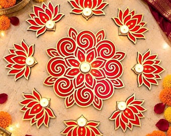 Wooden Diwali Rangoli Set, 9-Piece Lotus Design with Gold Accents