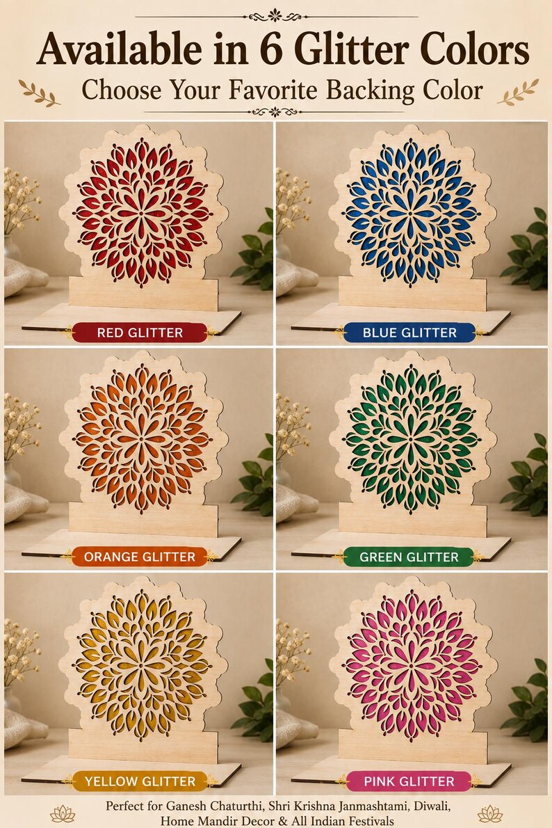 Op de afbeelding: Zes houten mandala-displays met glitterachtergronden in rood, blauw, oranje, groen, geel en roze. De tekst luidt: Available in 6 Glitter Colors, Choose Your Favorite Backing Color, Red Glitter, Blue Glitter, Orange Glitter, Green Glitter, Yellow Glitter, Pink Glitter, Perfect for Ganesh Chaturthi, Shri Krishna Janmashtami, Diwali, Home Mandir Decor & All Indian Festivals.