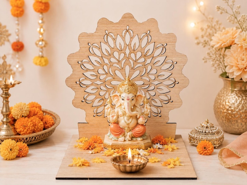 Op de afbeelding: Een lichtgekleurde houten achtergrond met een lasergesneden mandalapatroon achter een klein, zittend Ganesha-beeldje. Het beeldje heeft een gouden kroon, een oranje dhoti en een cr&egrave;mekleurige huid, rustend op een houten voet met een kleine koperen diya.