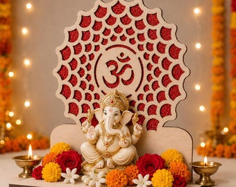 Wooden Ganapati Makhar Singhasan, Om Mandala Backdrop, Diwali Pooja Decor
