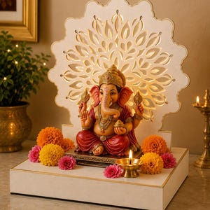 Op de afbeelding: Een zittend Ganesha-beeldje met een rood gewaad en gouden sieraden, geplaatst op een witte rechthoekige basis. Achter het figuur staat een grote, verlichte, witte, lasergesneden cirkelvormige achtergrond met een bloemmotief, geaccentueerd door oranje en roze bloemen.
