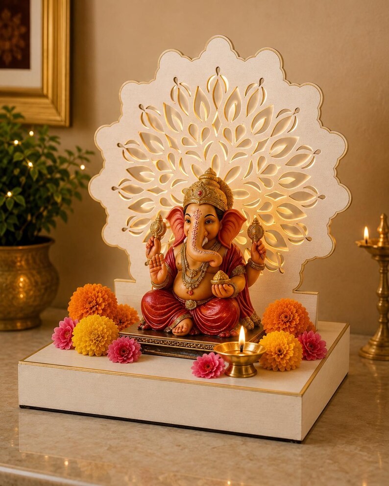 Op de afbeelding: Een zittend Ganesha-beeldje met een rood gewaad en gouden sieraden, geplaatst op een witte rechthoekige basis. Achter het figuur staat een grote, verlichte, witte, lasergesneden cirkelvormige achtergrond met een bloemmotief, geaccentueerd door oranje en roze bloemen.
