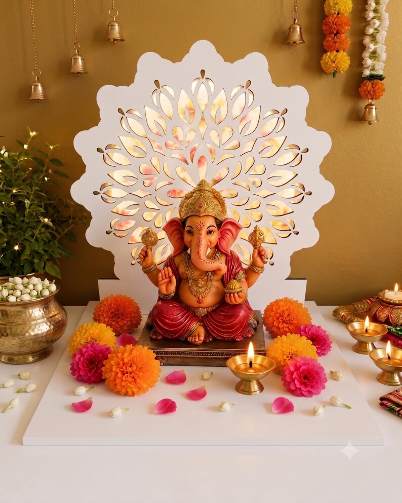 Op de afbeelding: Een standbeeld van de godheid Ganesha met een roze huid en rode gewaden, zittend op een vierkante voet voor een witte, lasergesneden, cirkelvormige decoratieve achtergrond. De sc&egrave;ne is versierd met oranje en roze goudsbloemen en koperen olielampen.