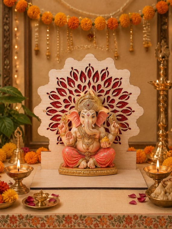 Wooden Ganpati Makhar Singhasan, Mandala Pooja Backdrop, Krishna Janmashtami Ganesh Chaturthi Decor