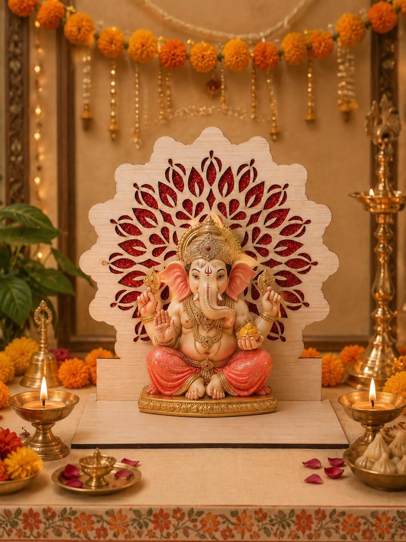 Op de afbeelding: Een zittend Ganesha-beeldje in roze en cr&egrave;mekleurige tinten, geplaatst voor een lichthouten achtergrond met een lasergesneden mandalapatroon en een rode glitterinleg. De godheid draagt sierlijke gouden sieraden en een kroon.