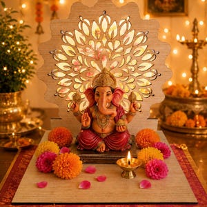 Op de afbeelding: Een Ganesha-beeldje met een roze huid en rode kleding staat voor een lichtgekleurde houten achtergrond met een lasergesneden bloemmotief. Het geheel is versierd met oranje en roze goudsbloemen en een klein brandend koperen olielampje.