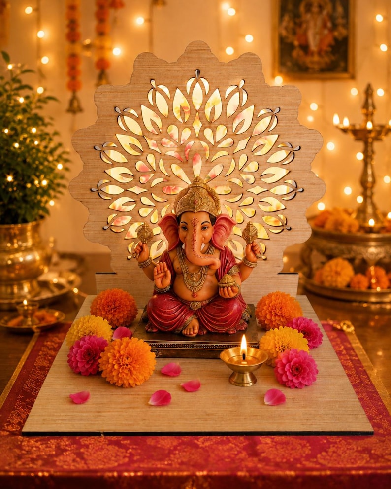 Op de afbeelding: Een Ganesha-beeldje met een roze huid en rode kleding staat voor een lichtgekleurde houten achtergrond met een lasergesneden bloemmotief. Het geheel is versierd met oranje en roze goudsbloemen en een klein brandend koperen olielampje.
