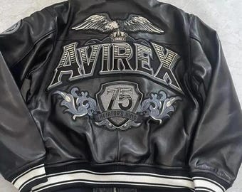 Avirex Men's 75th Anniversary Leather Jacket Black Bomber Varsity