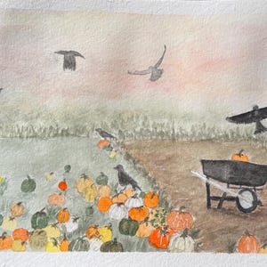 May include: Watercolor painting of a pumpkin patch with various pumpkins in orange, yellow, and green. Black birds fly in the sky above the field. A black wheelbarrow sits near the pumpkins.