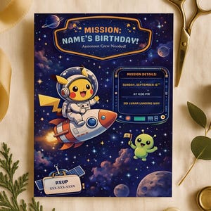 May include: A colorful invitation with a space theme. The invitation features a cartoon character in an astronaut suit riding a rocket ship. The text reads "MISSION: NAME'S BIRTHDAY!" and includes details for the event. The background is a starry night sky.