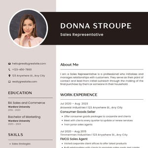 May include: A professional resume featuring a headshot of a woman, contact information, education, skills, and work experience. The resume includes details about sales and marketing roles, with references and contact details.