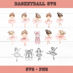 Può includere: Una collezione di grafiche a tema balletto ad acquerello. L'immagine presenta diverse illustrazioni di ballerine in tutù rosa, scarpette da ballo e disegni a tratto. Il testo in alto recita "BASKETBALL SVG" e in basso "SVG - PNG".