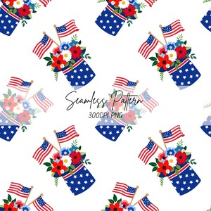 Patriotic Seamless Pattern | Uncle Sam Hat Floral USA Flag PNG | 4th of July Digital Paper | 300 DPI | Commercial Use | Instant Download