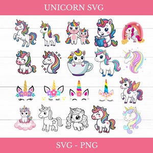 Puede incluir: Una colección de diseños de unicornios coloridos en varias poses, incluyendo unicornios con melenas arcoíris, leyendo un libro y sentados en nubes. La imagen incluye el texto "UNICORN SVG" y "SVG - PNG".