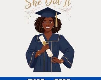 SVG de graduación - SVG de graduación de mujer negra - SVG de graduación de chica afroamericana - Clip art de gorro de graduación, cabello rizado, azul y dorado