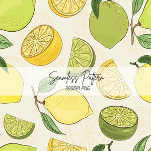 May include: A seamless pattern illustration featuring yellow lemons and green limes in various states, including whole fruits with stems and leaves, halved fruits, and wedges. The background is a light cream color with faint outlines of citrus slices.