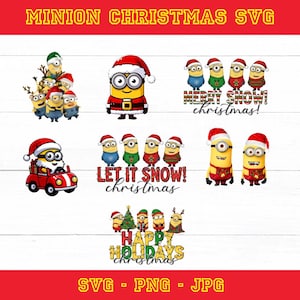Puede incluir: Una colección de diseños SVG de Minions con temática navideña. La imagen presenta varios Minions con gorros de Papá Noel y atuendos festivos, con textos como "Merry Snow! Christmas!", "Let it Snow! Christmas!" y "Happy Holidays Christmas!".