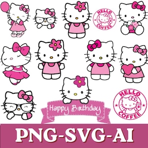 May include: A collection of pink and white Hello Kitty character illustrations. The images include Hello Kitty with a bow, holding a balloon, wearing glasses, and holding a heart. There are also two "Hello Coffee" logo designs and a banner that says "Happy Birthday".