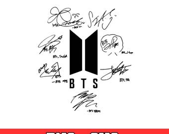 Logo BTS avec signatures des membres Png SVG, téléchargement numérique pour garçons Bangtan, autographes de groupe de K-pop fichier Cricut, clipart armée BTS, dessin vectoriel