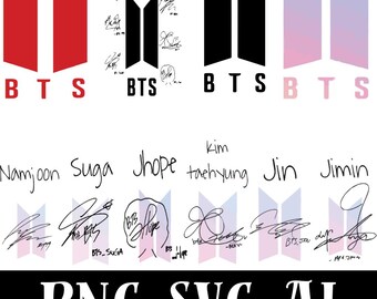 Paquete de firmas SVG y PNG de todos los miembros de BTS / Archivos de corte del logotipo de BTS / Paquete de firmas SVG de Kpop / PNG para sublimación de Cricut y Silhouette / Arte de fans de Army