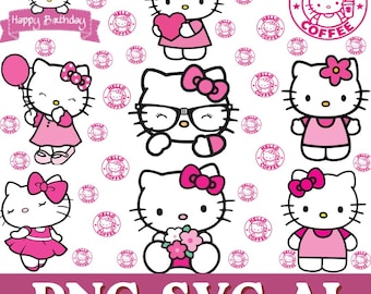 Pink Birthday Cat SVG PNG Bundle | Cute Kitty Party Clipart, Kawaii Cat Cake Balloon Designs, Cricut Files, Sublimation PNG