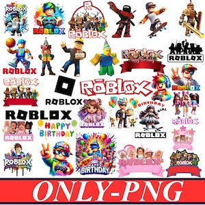 Peut inclure: Une collection d'autocollants numériques présentant divers personnages Roblox, des logos et des graphiques sur le thème de l'anniversaire. Les images incluent des avatars en blocs, des ballons colorés, des gâteaux et le nom de la marque Roblox.