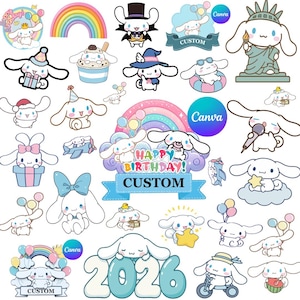 Puede incluir: Una colección de pegatinas de un perro blanco de dibujos animados con varios temas, incluyendo cumpleaños, arcoíris, globos y el texto Happy Birthday, Custom y 2026. Los diseños muestran al personaje con diferentes atuendos e interactuando con objetos.