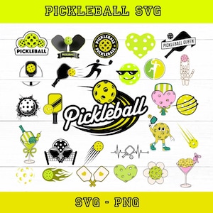 Peut inclure: Ensemble de graphiques SVG et PNG sur le thème du pickleball. Les motifs comprennent des balles de pickleball, des raquettes et diverses illustrations, le tout dans des tons de jaune, de vert et de noir. Le texte en haut indique "PICKLEBALL SVG" et en bas "SVG - PNG".