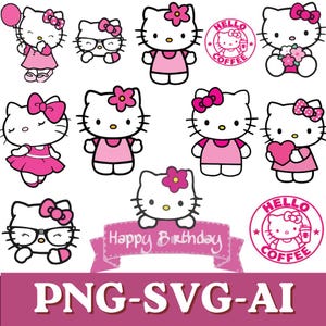 Puede incluir: Una colecci&oacute;n de ilustraciones del personaje Hello Kitty en rosa y blanco. Las im&aacute;genes incluyen a Hello Kitty con un lazo, sosteniendo un globo, usando gafas y sosteniendo un coraz&oacute;n. Tambi&eacute;n hay dos dise&ntilde;os de logotipos de "Hello Coffee" y una pancarta que dice "Happy Birthday".