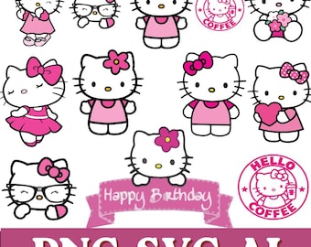Joli anniversaire chat SVG PNG Bundle | Clipart fête de chat kawaii, gâteau ballon, dessins de Kitty, fichiers Cricut, sublimation PNG