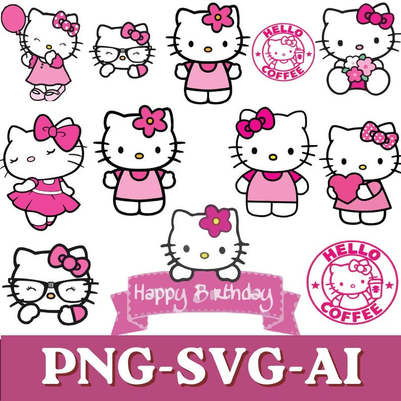 Puede incluir: Una colecci&oacute;n de ilustraciones del personaje Hello Kitty en rosa y blanco. Las im&aacute;genes incluyen a Hello Kitty con un lazo, sosteniendo un globo, usando gafas y sosteniendo un coraz&oacute;n. Tambi&eacute;n hay dos dise&ntilde;os de logotipos de "Hello Coffee" y una pancarta que dice "Happy Birthday".