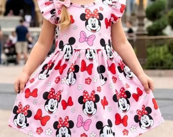 Minnie Mouse Dress for Girls, Disney Minnie Dress, Pink Bow Toddler Outfit, Cute Cartoon Kids Dress, Birthday Party Dress