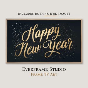 Happy New Year Frame TV Art 4k 8k, Gold Glitter Cursive Letters