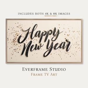 Gelukkig nieuwjaar lijst tv-kunst 4k 8k, cursief schrijven goud glitter feestdecor