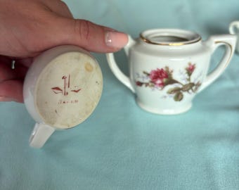 Vintage Japan Creamer & Sugar Bowl Set: Pink Rose Floral, Gold Trim (Lid Missing)